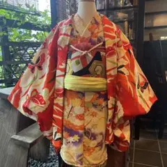 アンティーク 子供用 羽織 七五三 蝶々 青海波 雲海 朱色系 大正ロマン 着物