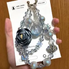 スマホストラップ 大玉ストラップ 高級ストラップ くすみブルー 水色 バラ 薔薇