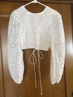 ZARA 刺繍入りホワイトクロップドトップス