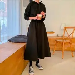 ロングワンピース パーカーワンピース 長袖 韓国 ブラック きれいめ フード