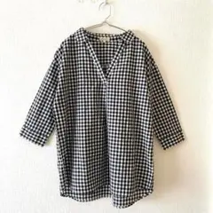 ☆【ハッシュアッシュ】スキッパーシャツ ギンガムチェック 綿混 七分袖 M