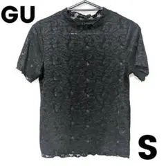 GU　半袖　総レース　ブラウス　S　黒　レディース　トップス　花柄　ハイネック