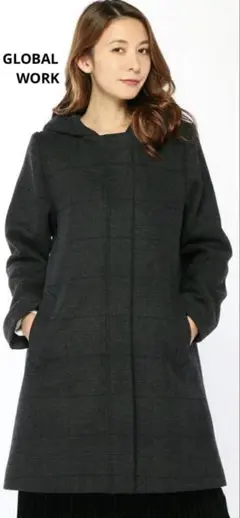 グローバルワーク　2WAYメルトンフードコートM ダークグレーチェック柄