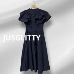 JUSGLITTY★ネイビー フリル 半袖 ボリュームフリル ロングワンピース