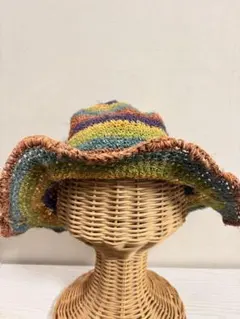 多色ストライプ フリル付き麦わら帽子