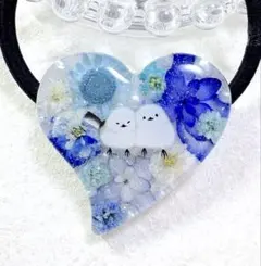 ヘアゴム レジン 大人クールビューティーお花ダブルハート ブルー系