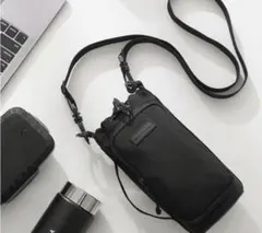 ブラック水筒カバー ショルダーストラップ付き