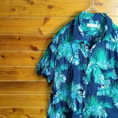 アロハシャツ　半袖シャツ　柄シャツ　ボタニカル柄　レーヨン　紺　ネイビー　緑　Lのサムネイル