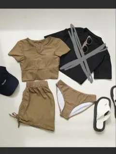 水着 レディース 体型カバー ラッシュガード ビキニ ブラウン