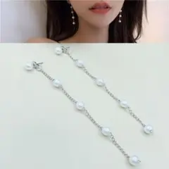 チェーン ロング パール 風 ピアス シルバー 5連 揺れ サージカルステンレス