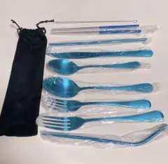 ✨新品 キッチン用品 ケース付き キャンプ 旅行 学校 銀食器セット ブルー