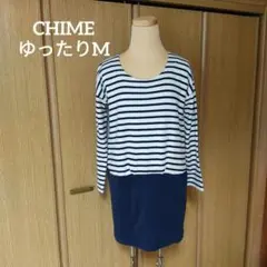 チャイム CHIME ストライプ・ネイビー切り替え長袖カットソー ワンピース