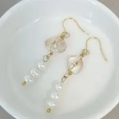 【希少】艶々ブラウントパーズと淡水パール　サージカルステンレスピアス
