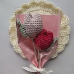 ＊枯れない花＊ぷっくり＊ピンク✕赤チューリップ＊ハンドメイド＊毛糸かぎ編み＊