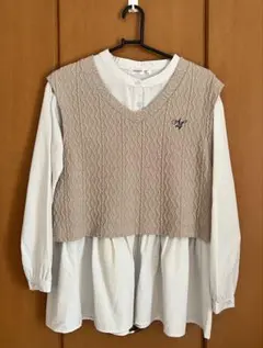 ベージュVネックニットベストとシャツのセット