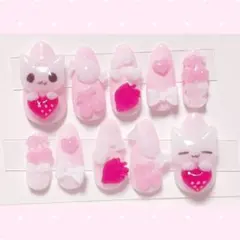 ネイルチップ 量産型 ピンク 猫 平成女児 いちご スイーツ ロングネイル