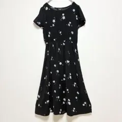 HUDSON honey ワンピース　ロング　半袖　花柄　総柄　ブラック　L