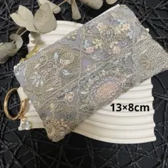 ポーチ ペンケース インド刺繍リボン ホワイト 花柄 合皮 No.187再販