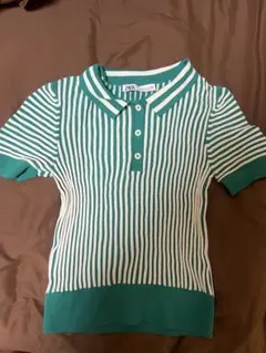 ZABA 緑と白ストライプ 半袖ポロシャツ L