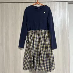 アプレレクール ネイビー長袖チェック柄ワンピース140