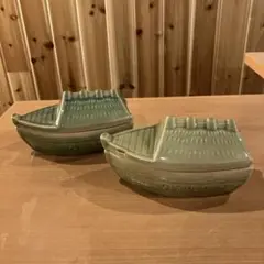 【屋形船型　陶器　蓋付容器】2個セット 昭和レトロ　当時物のサムネイル