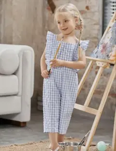 フリル付き青白チェックオーバーオール