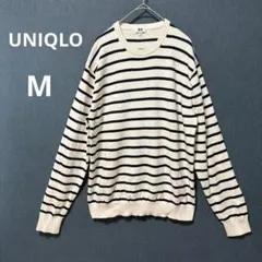 UNIQLO ユニクロ メンズ M コットン クルーネック ボーダーニット 白黒