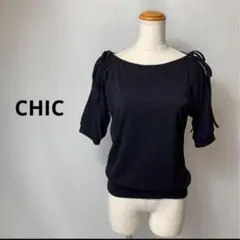 CHIC 半袖　カットアウト　リボン　プルオーバー　春　夏　黒　ブラック