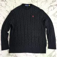 美品✨ラルフローレン ケーブルニット セーター コットン 黒 赤ポニー刺繍 XL