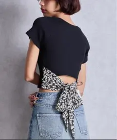 GYDAレオパードリボン付き黒カットソー 半袖