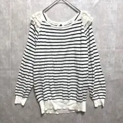【ミッシュマッシュ】 ボーダーニット 長袖 フリル 白 黒 バックリボン M相当