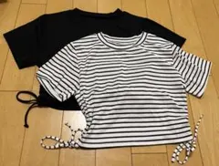 クロップドTシャツ 黒・白ストライプ 2枚セット