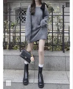 リボン付き ニット 원피스 グレー GRL
