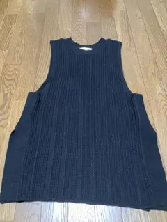 Ray BEAMS ブラック ロングニットベスト　リブ編み厚手　コットン100%