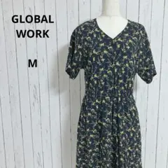 グローバルワーク☆半袖　シャツワンピース　Vネック　ウエストゴム　M　マルチ