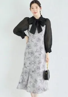 ２ＷＡＹボウタイリボン付きラインフラワープリント切り替えマーメイドワンピース　グ