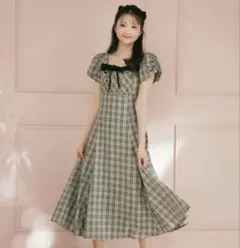 AnMILLE アンミールバストギャザーリボンワンピース ベージュチェック