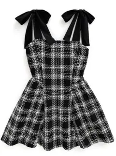 ツイードチェックショルダーリボンミニワンピース　tu1417 GRL