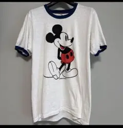 希少レア70sヴィンテージミッキーネイビーリンガーTシャツL白足ディズニー
