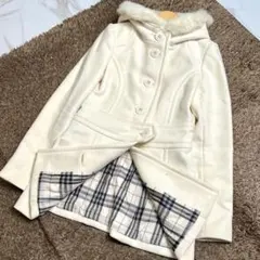 アンゴラ混 バーバリー ミドル丈コート ノバチェック ラビットファー レディース