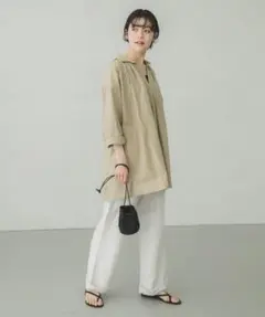 かぐれ インド綿 グランパシャツ チュニック ギャザー ピンタック　ベージュ