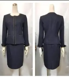 中古11号★ネイビー紺★ ツイード素材ノーカラースーツ★セレモニースーツ
