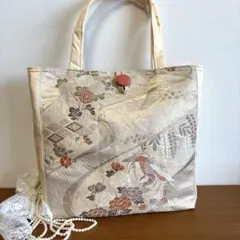 No.68 帯リメイクバック　クリーム色和風デザイン トートバッグ