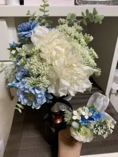 ホワイト×ブルー　ウェディングブーケ　ブートニアセット