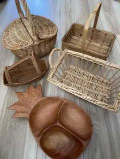ナチュラルウッドカラー バスケット 5個セット まとめあ売り　カゴ 木製　お皿
