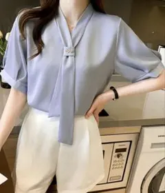 ボウタイブラウス 半袖 レディース 無地　Lサイズ 新品未使用タグ付き