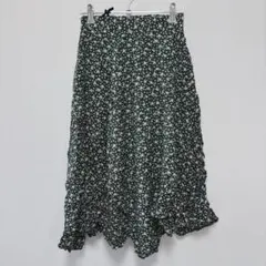 小花柄 ロングスカート グリーン フレア ウエストゴム フレアスカート 緑