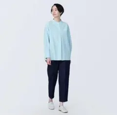 無印良品　インドの手紡ぎ織りブラウス　シャツ　チュニック　ブルー 　XL