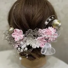 成人式　髪飾り　つまみ細工ピンクホワイトゴールドプラチナ和玉水引