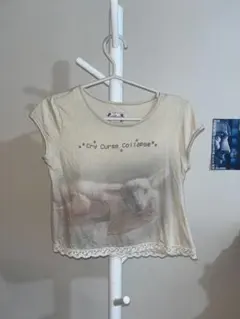 SCULPTOR 小羊プリント クロップドTシャツ レース付き 半袖トップス